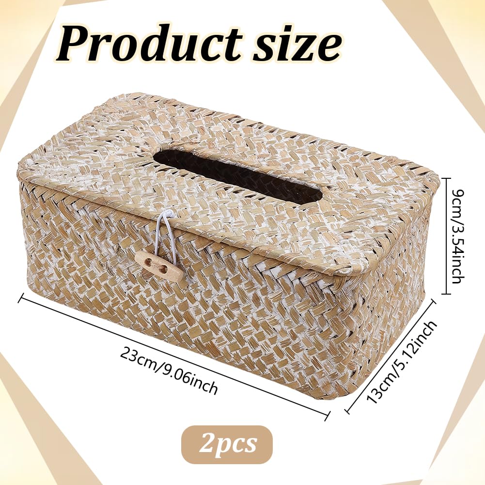 INFUNLY 2 Pcs Rattan Tissue Box Cover Rectangle Wicker Tissue Box Holder 9x5x4 Inch Boho Napkin Box Cover Natural Seagrass Storage Basket for Toilet Tank Bathroom Living Room Office Desk