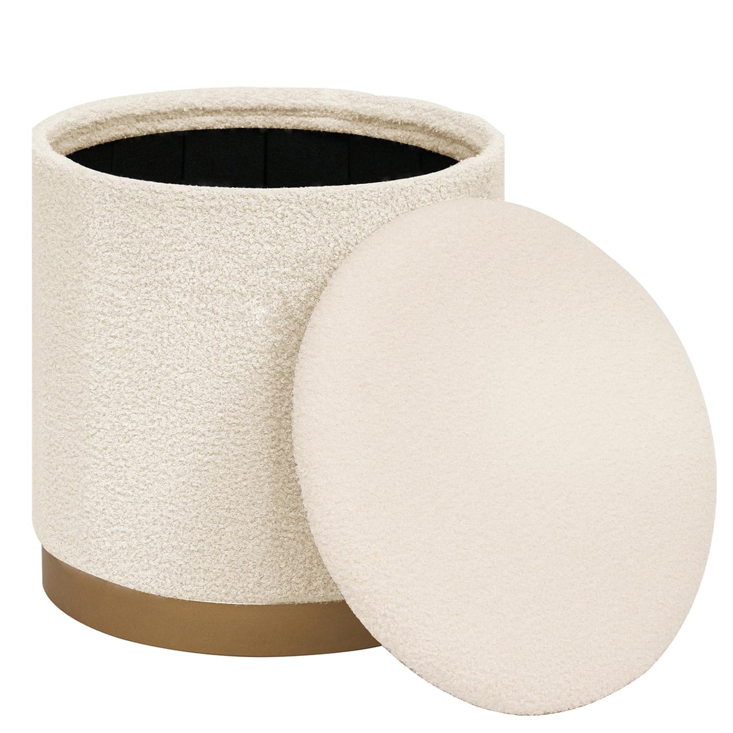 PINPLUS Large Round White Boucle Storage Ottoman, 16.7"x16.7"x17.7" – Textured Teddy Ottoman with Hidden Storage, Modern Coffee Table for Living Room, 250 LBS Capacity