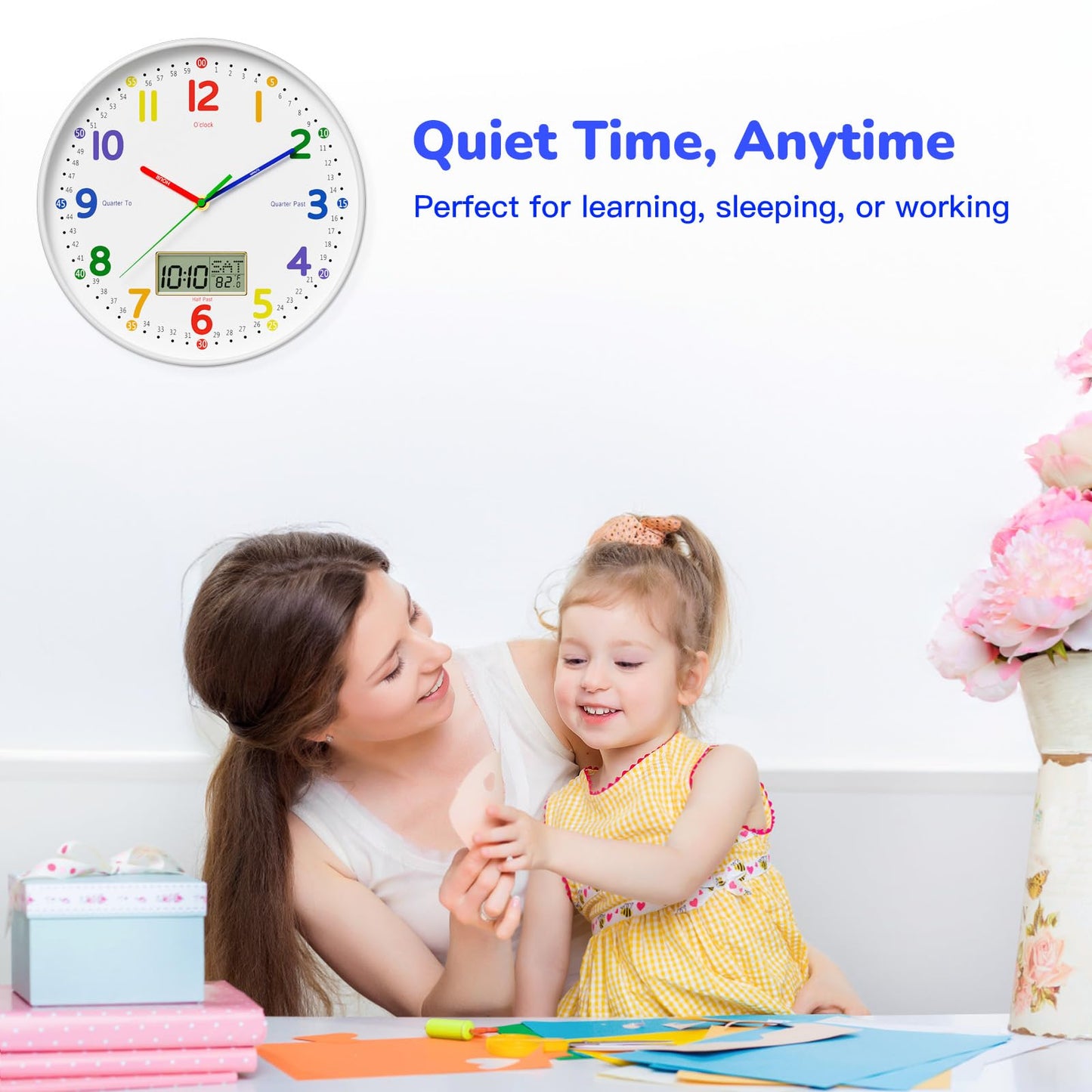 lanktoo 12" Silent Teaching Wall Clock with LCD Date Weekday Temperature Display – Tempered Glass, Non-Ticking Battery Operated Learning Clock for Kids Room, Classroom, Home Decor
