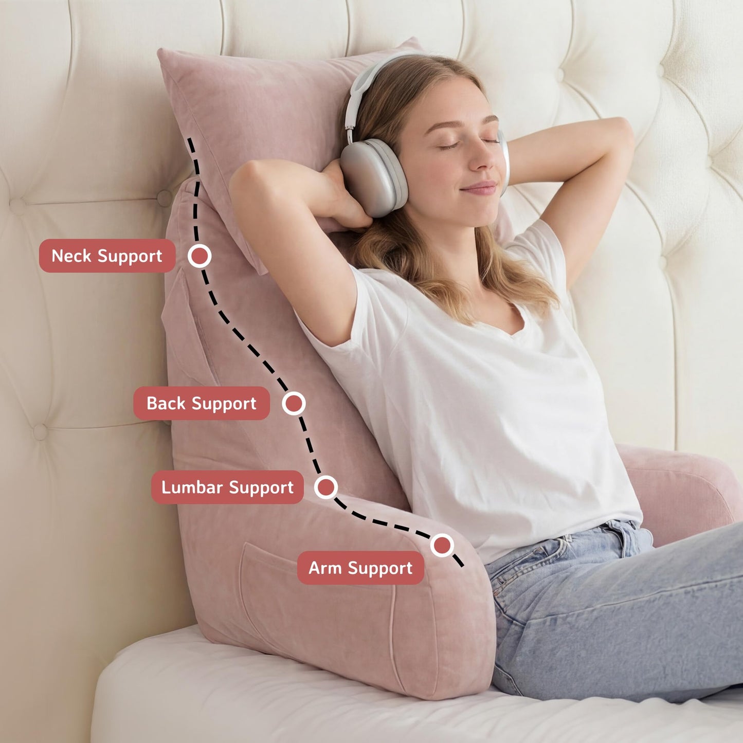 Unisakey Portable Reading Pillows with Headrest for Bed Sitting Up(Pink Oeko-Tex), Velvet Back Pillow with Arms & Pockets for Adults, Support Memory Foam Bed Pillow for Dorm/Reading/Watching/Gaming