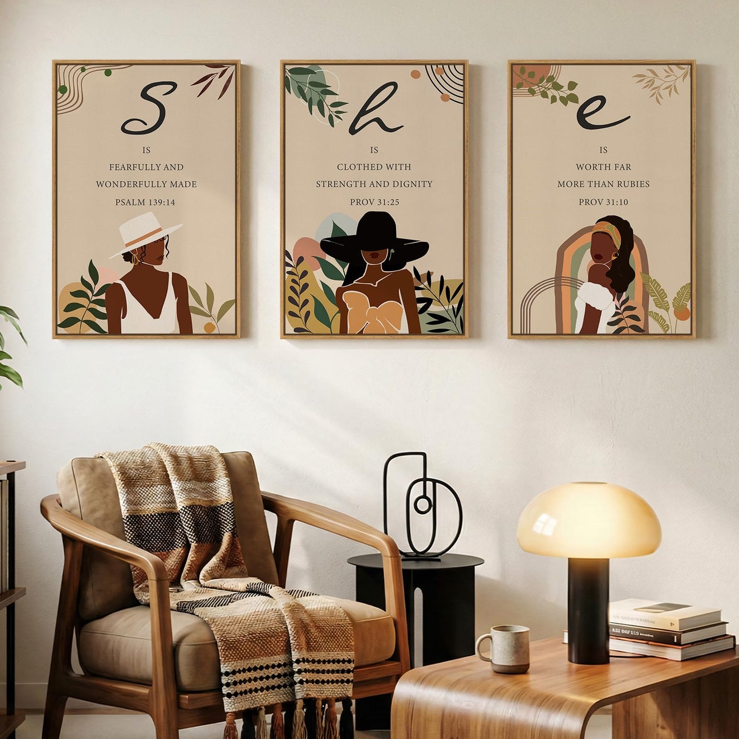 Framed Boho Black Girl Wall Art Set of 3, Large Modern African American Black Art Wall Decor Canvas Prints, Black Woman Portrait Fashion Neutral Artwork for Living Room, Bedroom or Office Wall Decor, 16x24 In