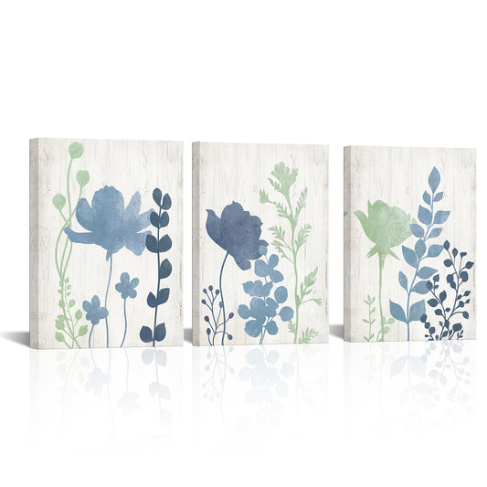 LoveHouse Sage Green and Blue Wall Art Rustic Canvas Paintings Vintage Flower Leaf Art Prints Pictures for Bathrooms Farmhouse Leaves Floral Artwork