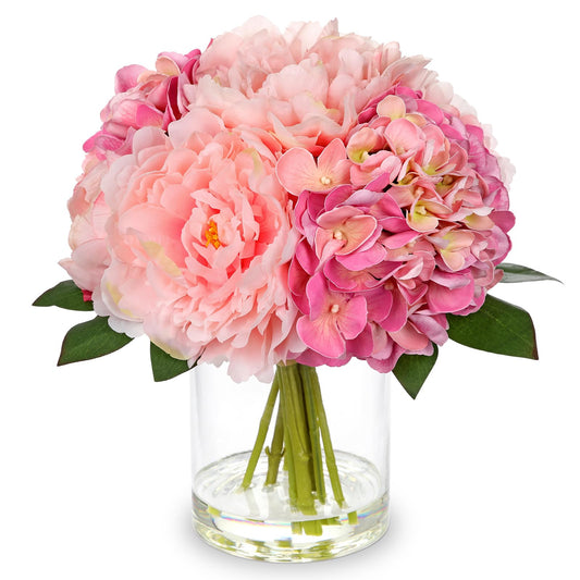 Hollyone Pink Hydrangea Peonies Artificial Flowers Real Touch Fake Flowers Arrangements in Vase with Faux Water Peony Hydrangeas Silk Flower with Vase for Table Centerpiece Shelf Home Decor