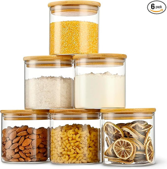 D2scrma 22oz Straight cylindrical Airtight Storage Jars with Bamboo Lid Set of 6 Storage Container Stackable Spice Jar, Kitchen Canister for Sugar, Tea, Cookies and Coffee beans (with Black Lable)