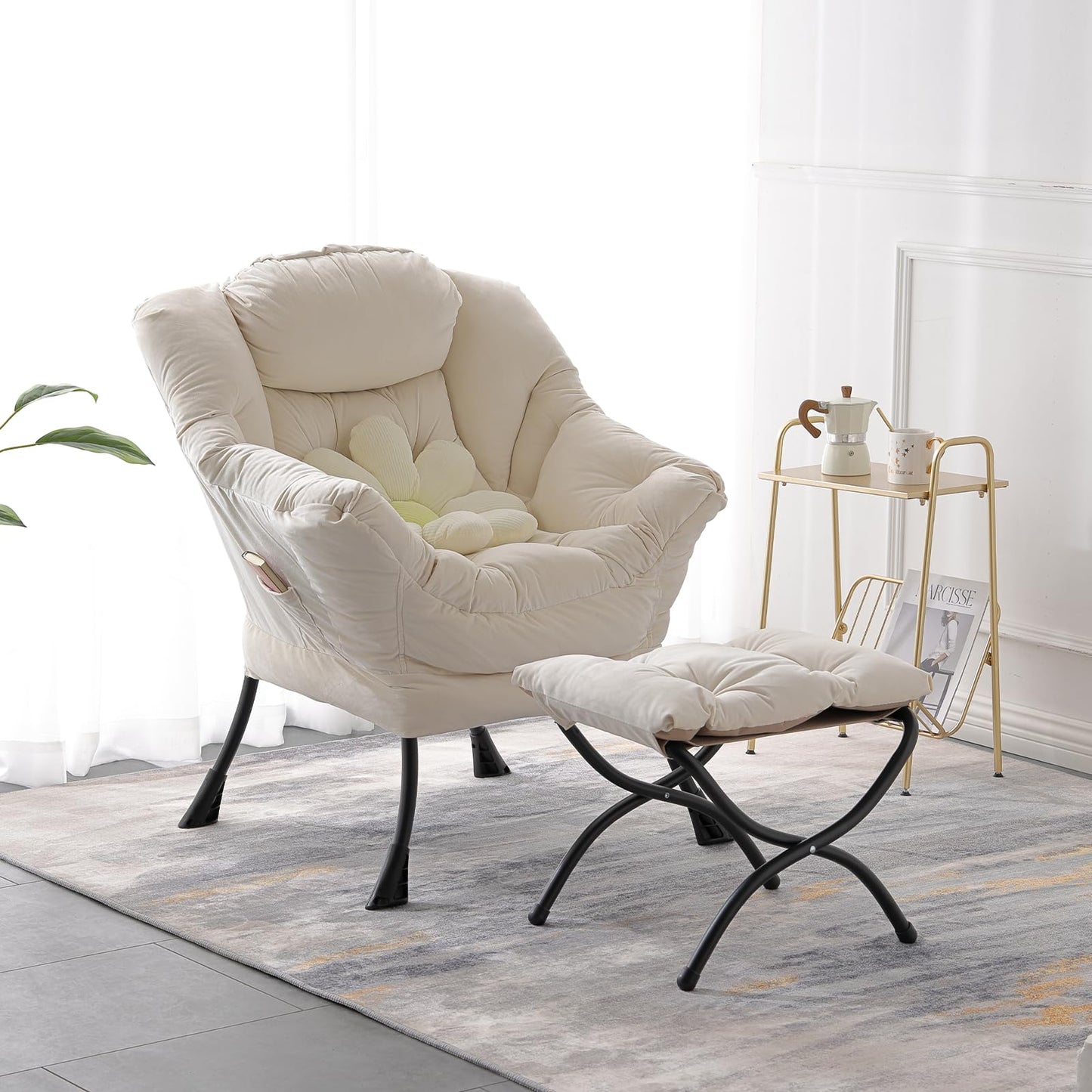 LITA Lazy Chair with Ottoman, Modern Accent Leisure Upholstered Sofa Chair, Contemporary Lounge Reading Chairs with Armrests and a Side Pocket for Living Room, Bedroom & Small Space, Beige