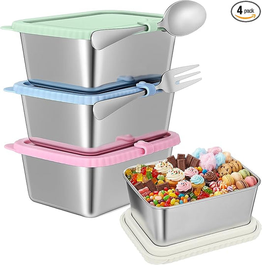 Acellegic Stainless Steel Snack Containers with Silicone Lids, 15 oz Reusable Food Storage Deli Containers for Meal, Leak Proof, Easy Open BPA Free Daycare and School (Blue, Pink, Green,Beige,4 Pack)