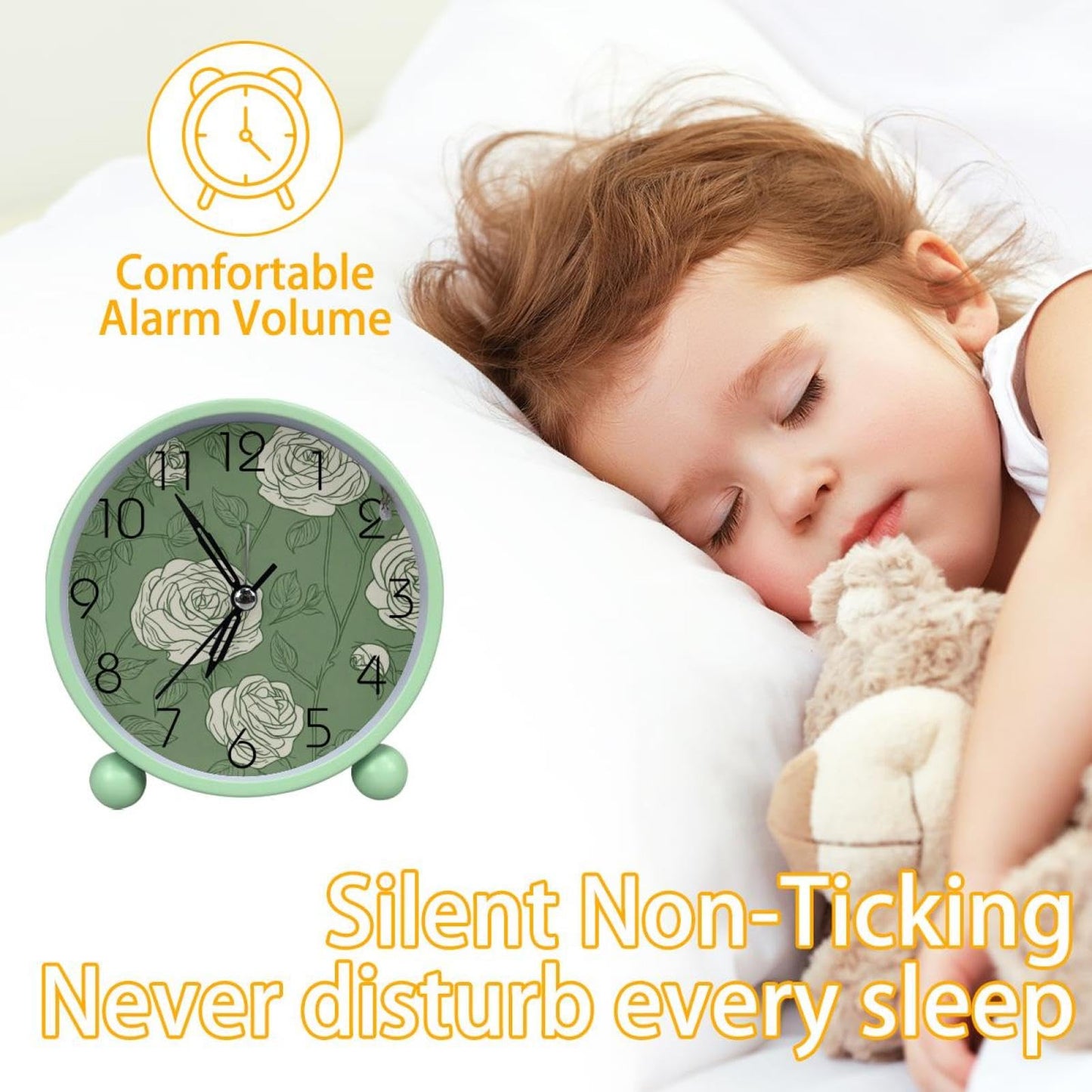IROLSKDNFH 4.3" Analog Alarm Clock, Silent Non Ticking Table Clock with Light, Battery Operated for Living Room Bedroom Bedside Decor, Line Art Roses Sage Green Background