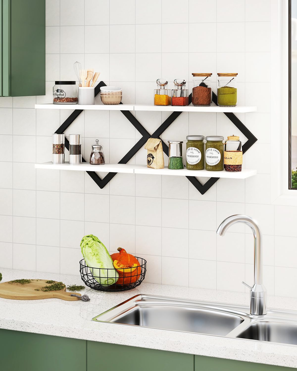 IBUYKE Floating Shelves,15 Inch Wall Shelf Set of 2,Wall Mounted Shelves,2 Tier Hanging Decorative Storage Shelf for Living Room, Bedroom, Bathroom, Kitchen TFS003W-2