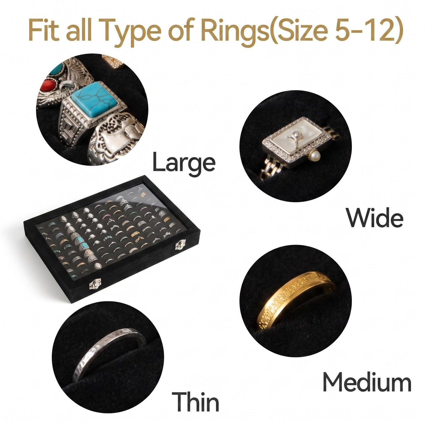 Frebeauty Ring Organizer Tray 100 Slots Ring Holder with Clear Lid Velvet Storage Box Jewelry Tray for Jewelry Store Earring Display Case for Jewelry Show Studs Box for Women(Black)