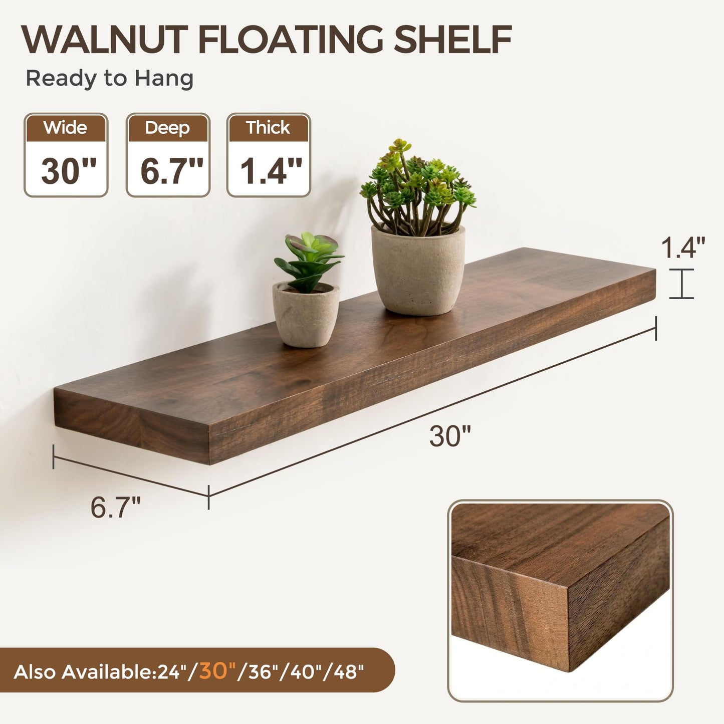 Acovy Floating Shelves, USA-Sourced Walnut Wood 30 Inch Wide x 6.7 Inch Deep Floating Shelves, Natural Wooden Shelves for Bedroom Living Room Home Office, Set of 2