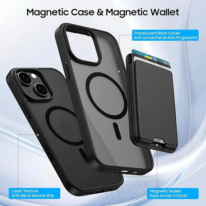 Ntwinro Magnetic for iPhone 15 Case (Compatible with MagSafe) with Detachable Wallet & Card Holder for 3 Cards [RFID Blocking] Military Grade Protective Slim Phone Cover, Black