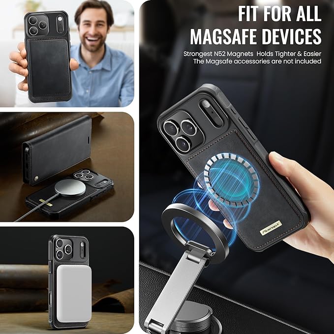 PlusnapX Wallet Case for iPhone 17 Pro Compatible with Magsafe, 2-in-1 PU Leather Flip RFID Blocking Card Holder Stand Shockproof Magnetic Detachable Cover for iPhone 17 Pro Case 6.3", Black