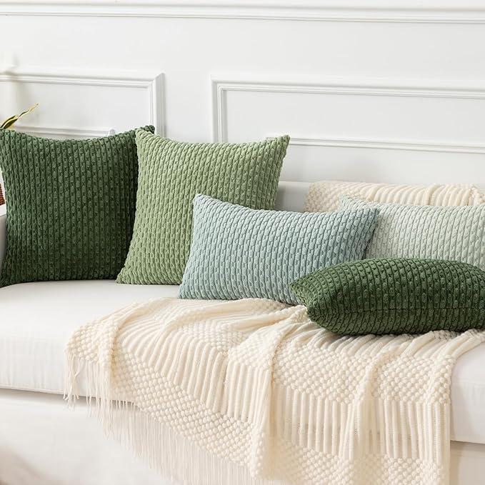 Kevin Textile 2 Packs Spring Decorative Throw Pillow Covers 20x20 Inch for Living Room Couch Bed Sofa Soft Striped Corduroy Square Cushion Case 50x50 cm Farmhouse Boho Home Decor Sage Green
