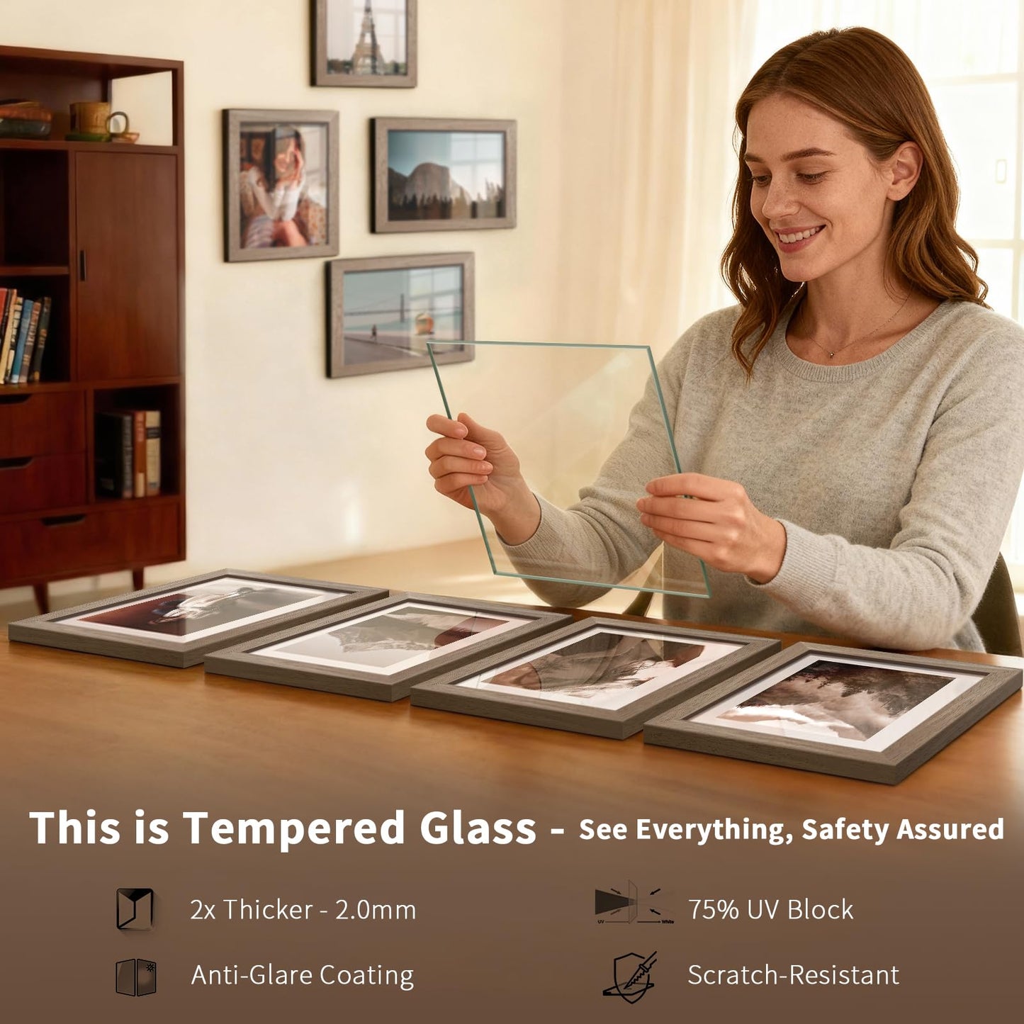 KissNow 5x7 Picture Frame 4 Pack, Walnut Wood 7x5 Frame, Tempered Glass, Vertical or Horizontal Tabletop Display for Photos & Art Prints