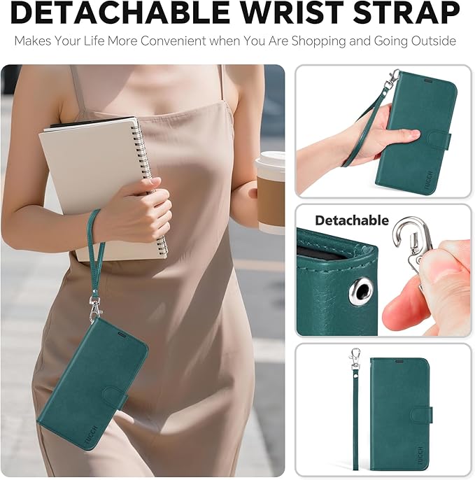 TUCCH Removable Case Wallet for iPhone 17 Pro Max (6.9") 2025, Detachable Wrist Strap, Wireless Charging, Stand, 4 Card Slots RFID Blocking, 2-in-1 Magnetic, PU Leather Shockproof Cover, Teal Blue