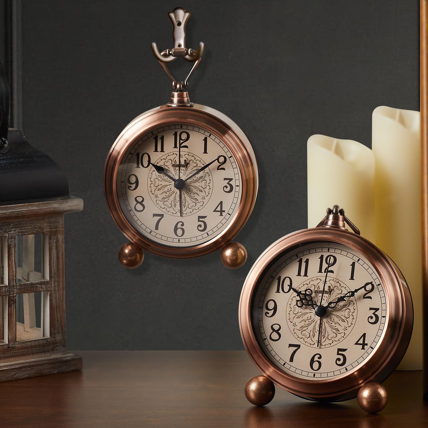 FLOITTUY 4.5" Battery Operated Antique Retro Analog Metal Alarm Clock, Silent Bedside Desk Clock, Wall-Hanging Vintage Clock(Exquisite Bronze)
