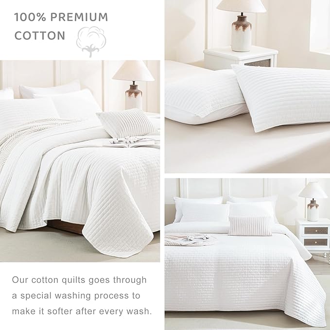 Sanracie Stonewashed Oversized Queen Quilt(102"x118"), Cotton Milk White Quilt Coverlet Sets 3Pcs Ultra Soft Crinkle Cross Stitch Bedspread Sets for All Season