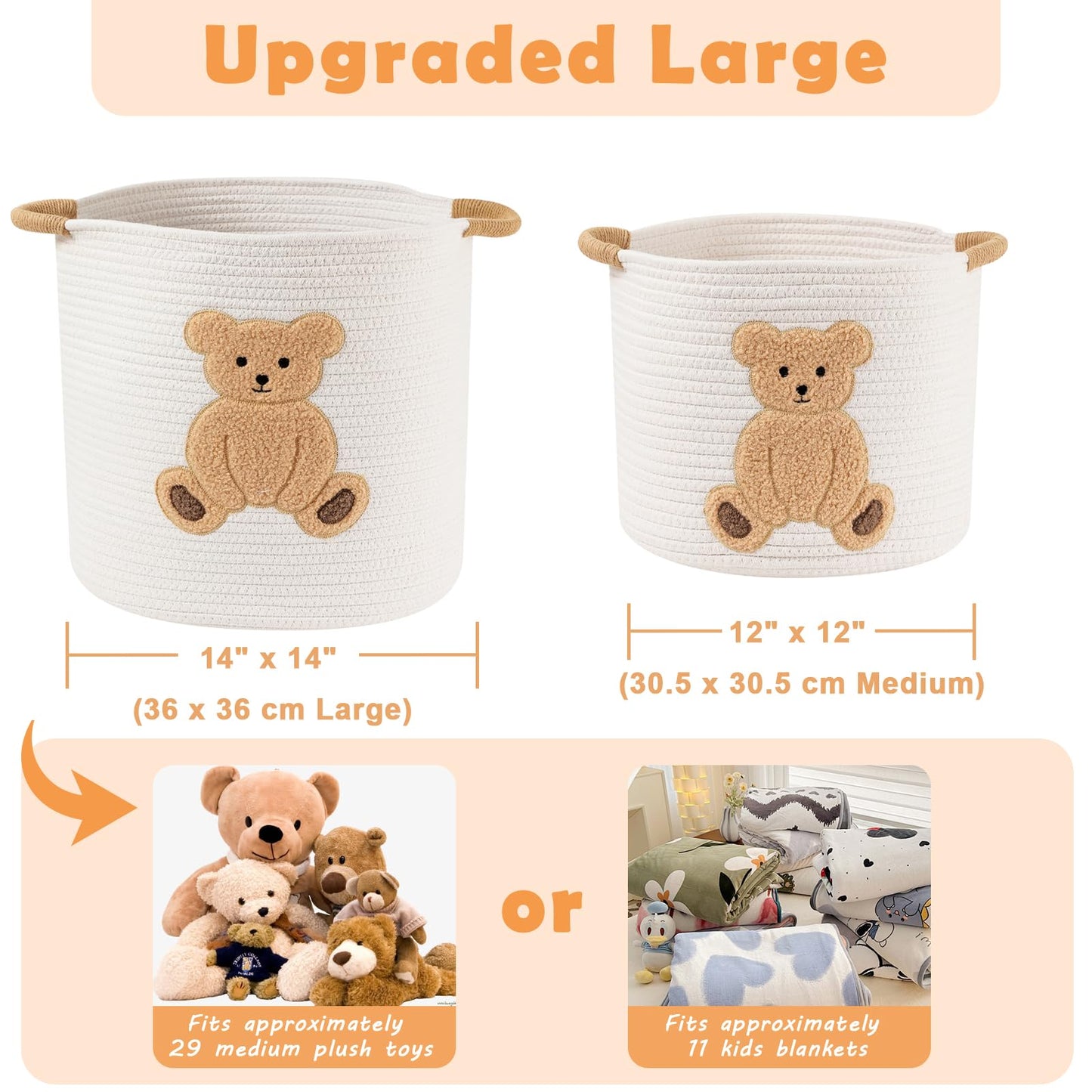 Large Blanket Baskets for Living Room, Teddy Bear Baskets Toy Storage Basket, 14" x 14" Woven Cotton Rope Basket for Kids, Toys Organizer Clothes Hamper with Embroidery, Teddy Bear Nursery Decor