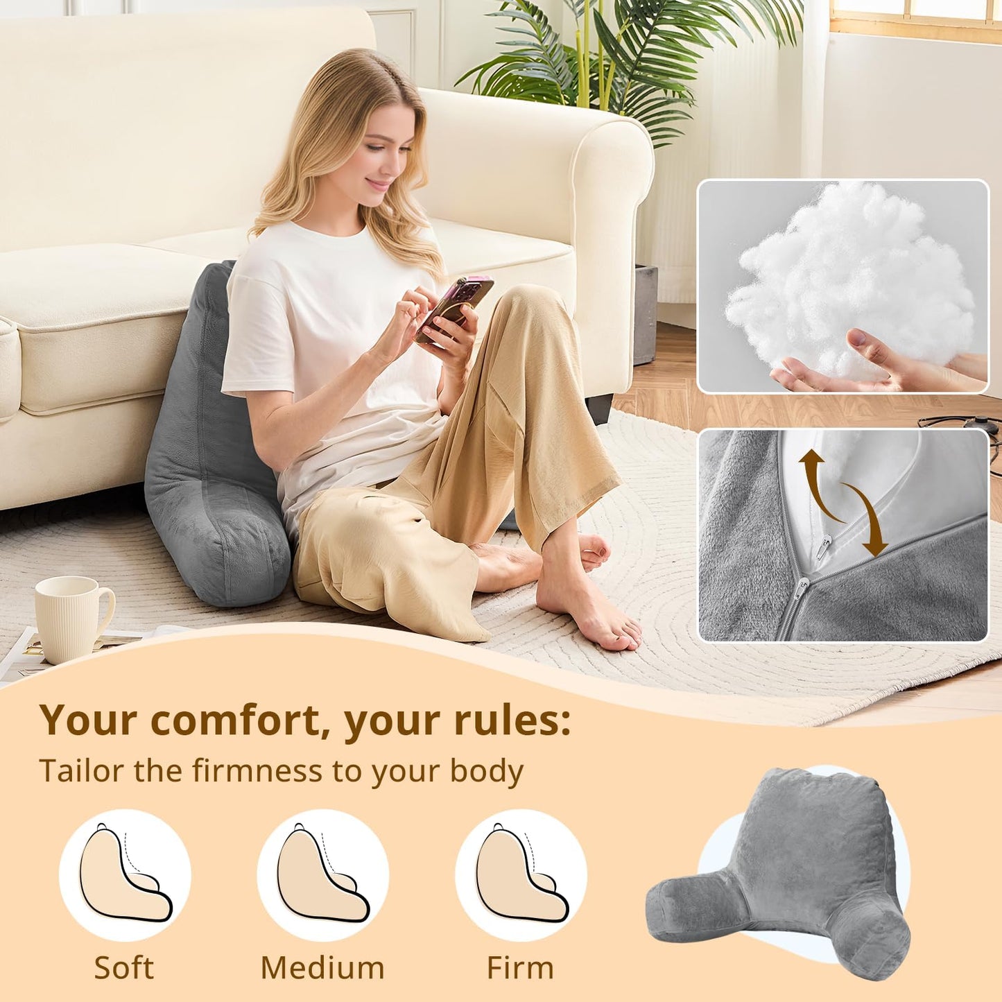 Sasttie Reading Pillows for Sitting in Bed Adult, Back Pillow Bed Sitting Up, Back-Rest Support Cushion for Sit Up on Couch, Sofa, and Floor, Dorm Essentials, Oeko-Tex Certified, Dark Grey