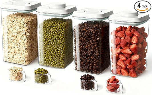 Melovom 4 Pcs Large Pop Airtight Food Storage Containers Set with Lids, 4.2Qt/4L Food Containers with Scoop, Kitchen Pantry Organization and Storage, BPA Free Stackable Cereal Container (4 * 4.2Qt)