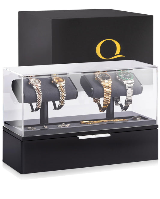 QWATCH Watch Stand Display Case - Acrylic Watch Box for 2 or 4 Watches with Jewelry Valet Tray and Drawer
