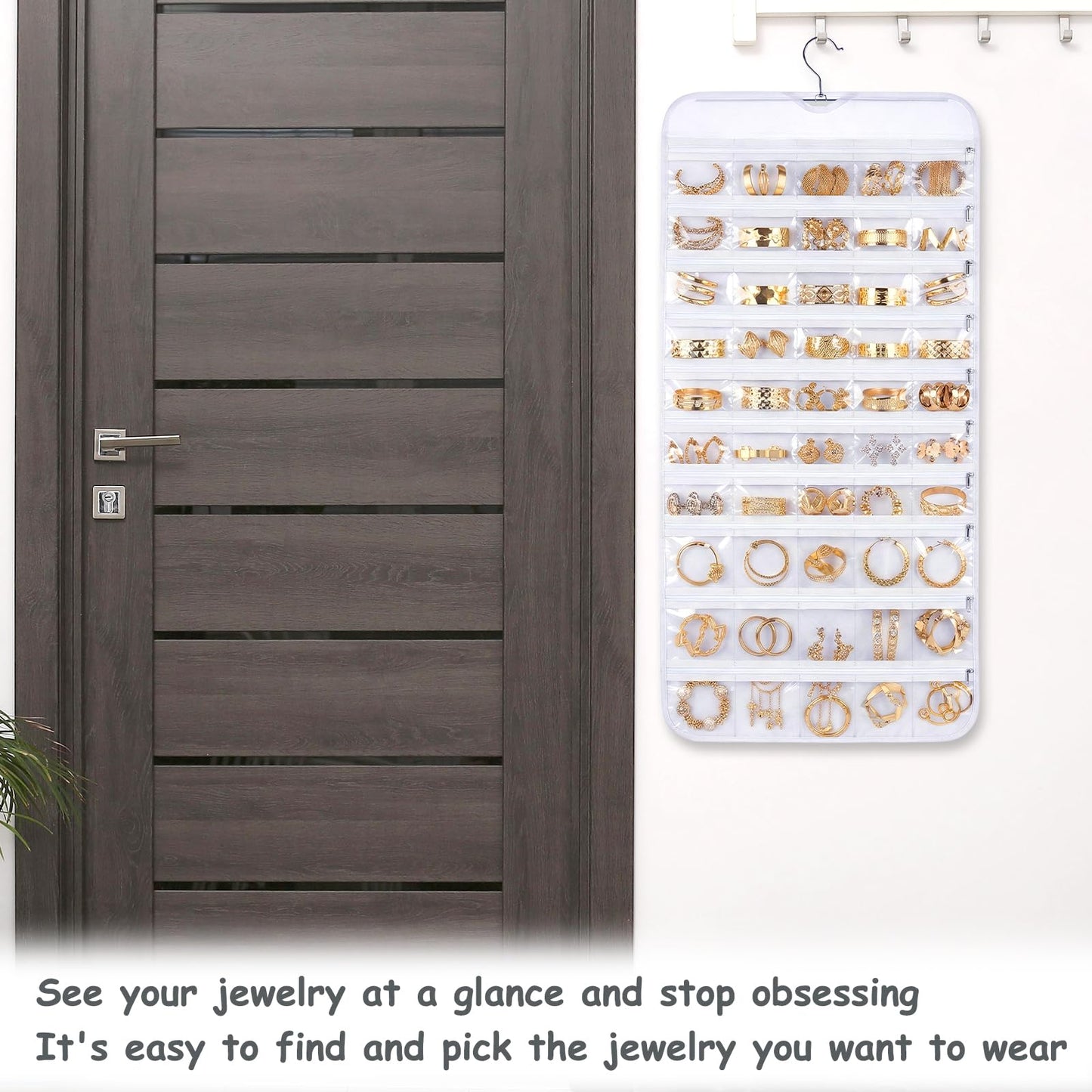 Xosjska 2 Pack Hanging Jewelry Organizer 80 Zippered Pockets 80-Pocket Dual-sided Jewelry Storage for Necklace Bracelet Earring RingsTravel Holder - White