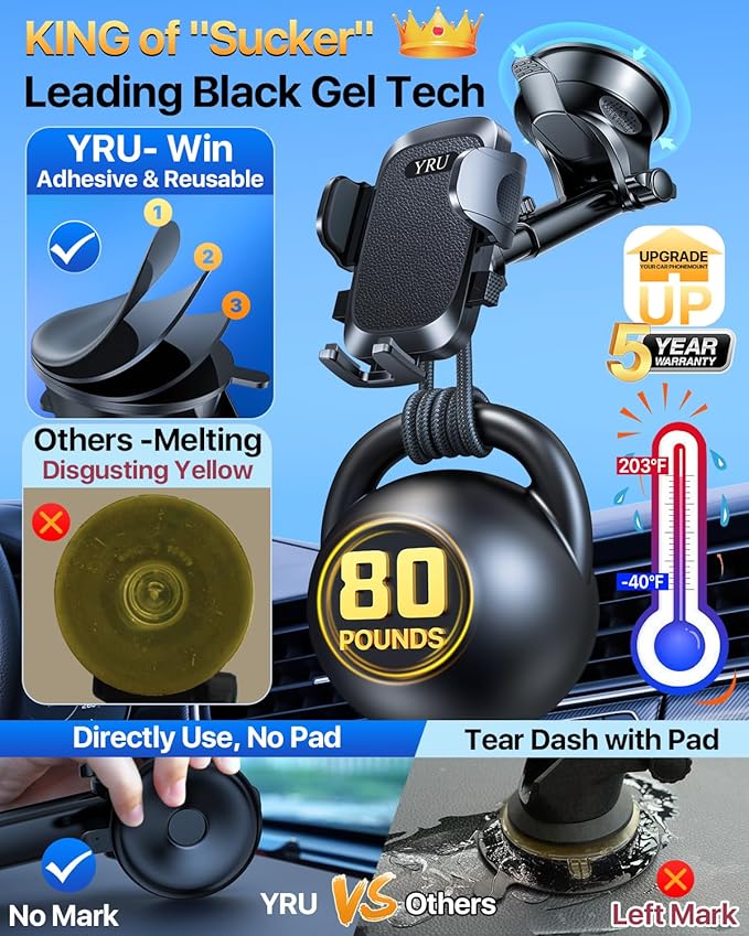 YRU [True Upgrade for Safety] Car Phone Holder Mount [Patent & Military-Grade] Dashboard Cell Phone Holder for Car Vent Windshield Phone Stand for iPhone 17 16 15 14 13 Pro Max Truck Samsung, Black