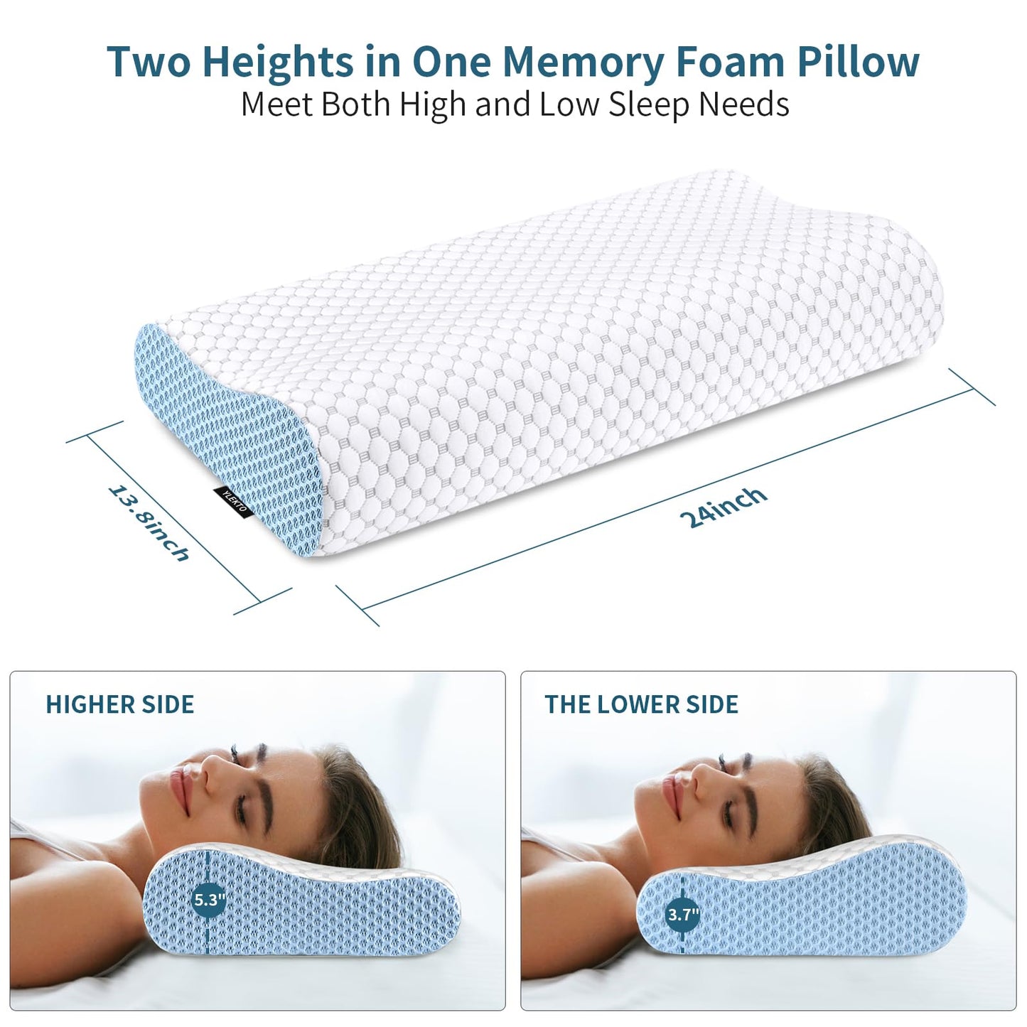 Cervical Neck Pillow for Pain Relief - Ergonomic Contour Memory Foam Pillows, Cooling Side Sleeper Pillow for Sleeping, Orthopedic Bed Pillow for Back Stomach Sleepers with Pillowcase(White & Blue)