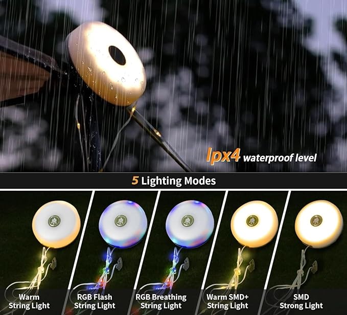Camping String Lights | Rechargeable 4 in 1 Quick Storage 32.8FT Tent Lights with 8 Modes | Hanging Waterproof LED Lamp for Outdoor Patio Garden Party | Christmas Holiday Decor - Camping Gear