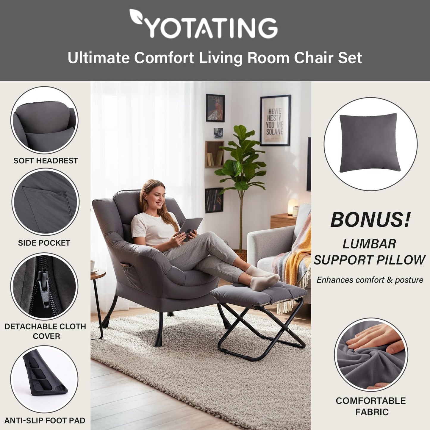 YOTATING Lazy Chair with Ottoman, Modern Accent Leisure Sofa Chair with Footrest Stool & Throw Pillow, Modern Lounge Chair with Armrests for Living Room, Dark Grey