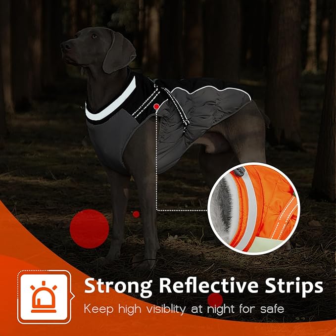 Abuandi Dog Winter Coat with Harness, Dog Jacket, Pet Clothes with Zipper on Back, Waterproof Windproof Warm Vest, Reflective Cold Weather Coats, for Small Medium Large Dogs, Thick, Orange, M