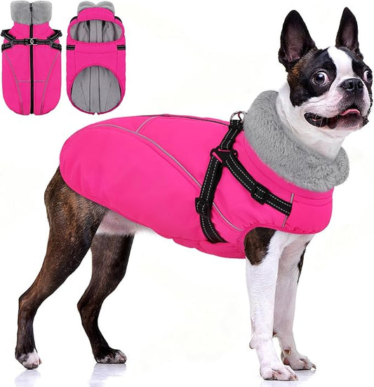 AOFITEE Dog Winter Coat, Waterproof Dog Jacket with Harness Built in, Warm Fleece Dogs Coats for Medium Dogs, Reflective Cozy Thermal Pet Puffer Jacket Snowsuit with Zipper & Furry Collar, Pink M