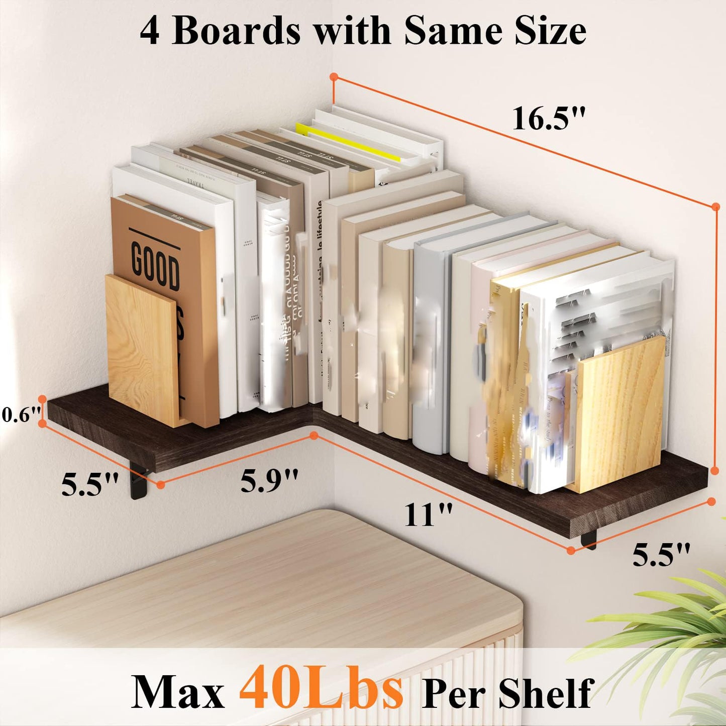 Love-KANKEI Corner Shelf Wall Mounted Set of 4, Floating Wall Shelves for Storage, Rustic Wood Hanging Shelves for Bathroom Kitchen Bedroom Living Room Display, Dark Brown