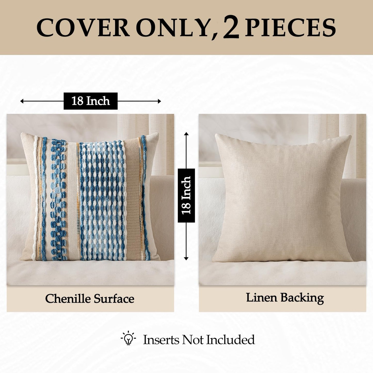 ANRODUO Pack of 2 Boho Decorative Throw Pillow Covers 18x18 Farmhouse Cushion Case Striped Chenille Pillow Cases Coastal Throw Pillows Accent Neutral Pillowcase for Sofa Couch Bed, Sky Blue Stripe