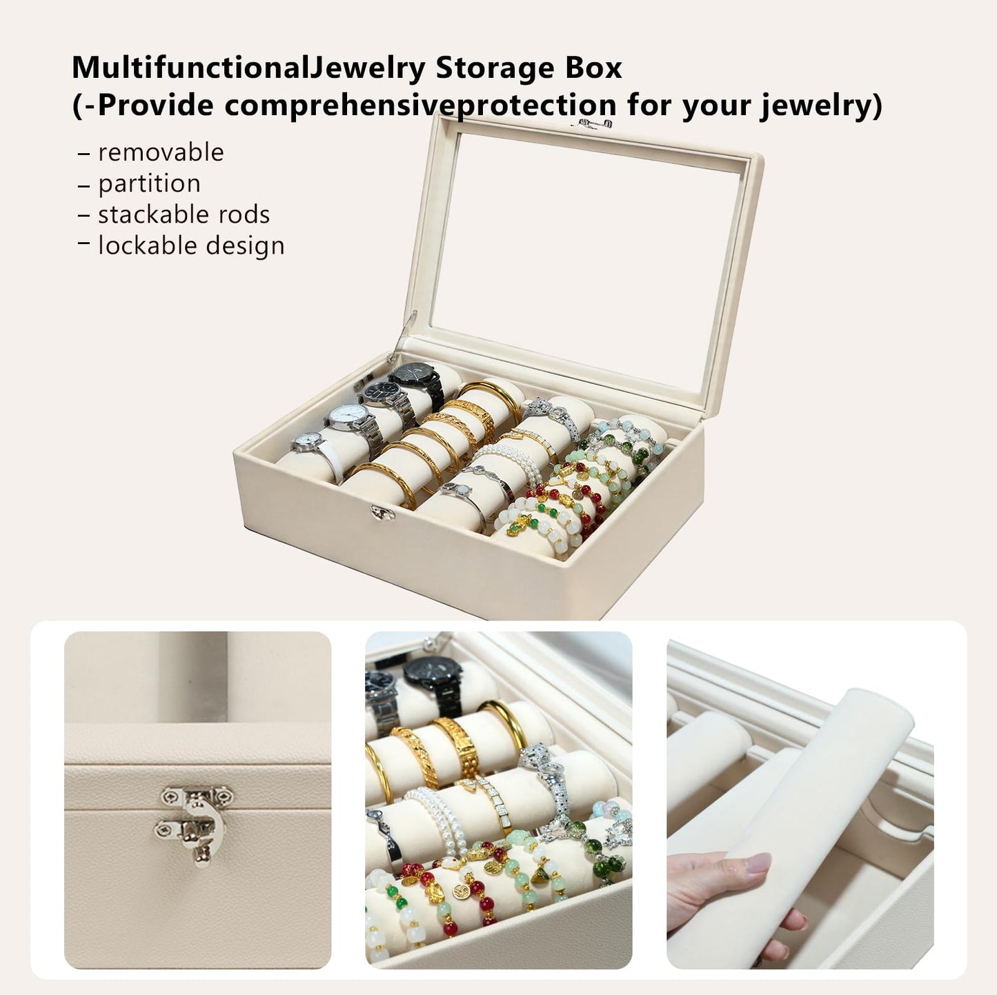 OrizeGe Jewelry Box with Glass Lid Bracelet Holder PU Leather for 4 Horizontal Rods Beige Velvet Watch Case for Women