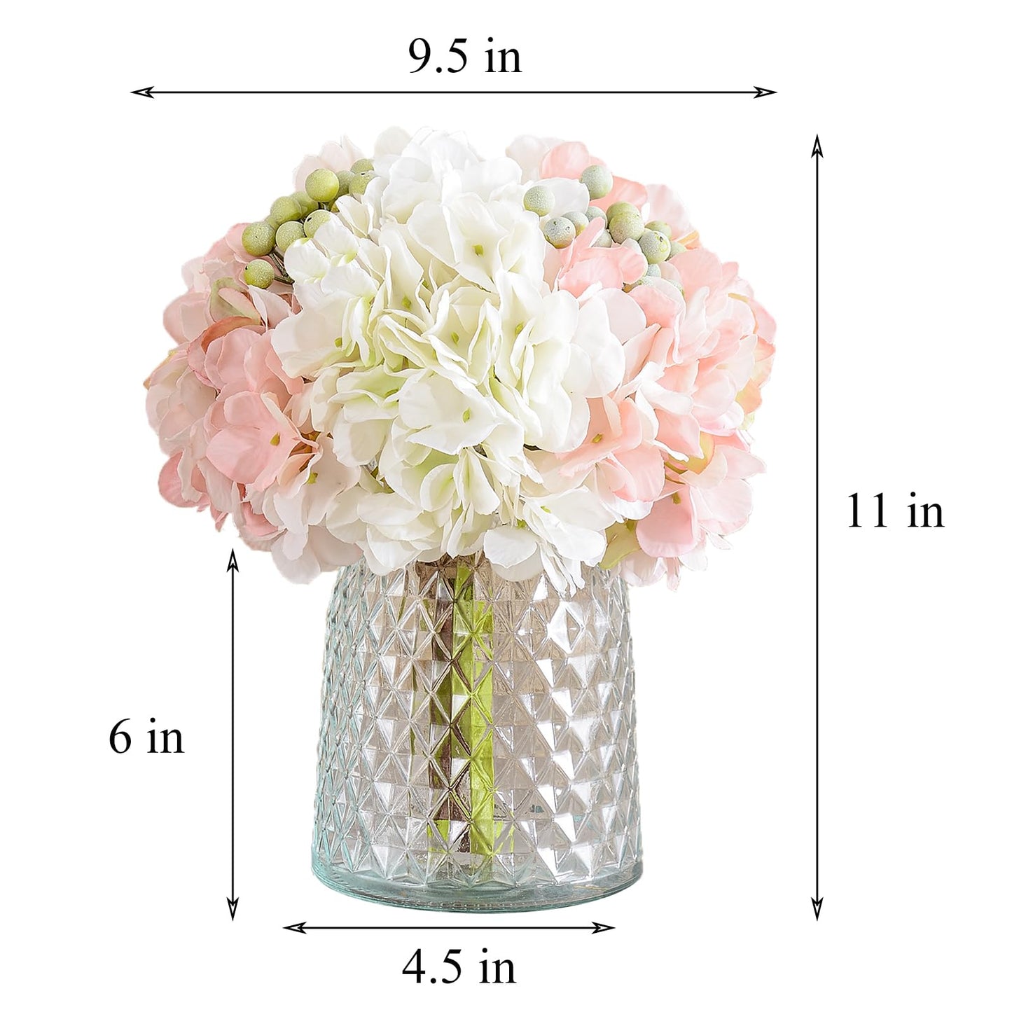 Wracra Hydrangeas Floral Arrangement in Glass Vase, Fake Flowers Silk Hydrangea Artificial Flowers with Vase for Home Office Decoration, Dining Table Centerpiece(Pink)