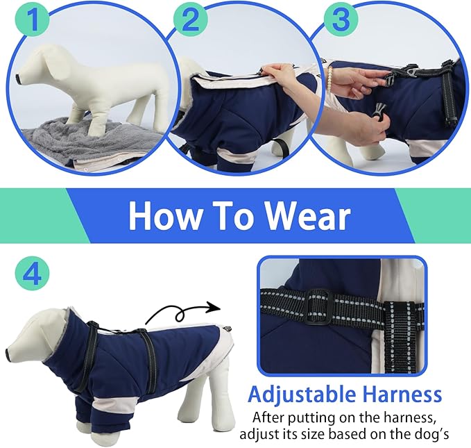 MIGOHI Snowproof Dog Jacket with Harness Reflective Small Dog Coat with Sleeves,Waterproof Fleece Winter Puffer Jacket for Dogs,Turtleneck Puppy Coats for Dogs Chilly Day,S,NavyBlue