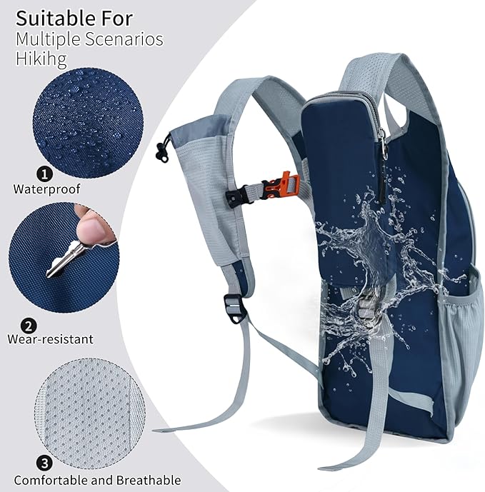 HIGH EXPERIENCE Hiking Backpack 10L/15L Small Daypack Lightweight Packable Travel Foldable Water Resistan for Women Men (Navy Blue, 10L)