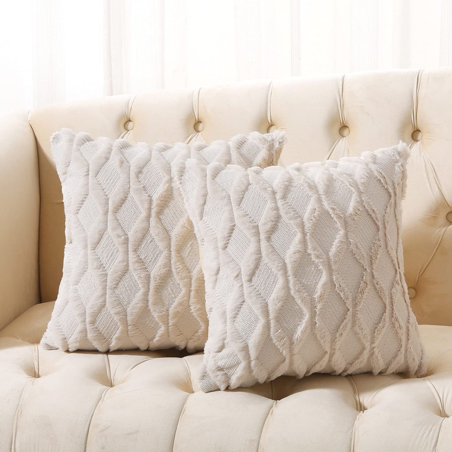 Volcanics Pack of 2 Faux Wool Throw Pillow Covers 24x24 Inches Decorative Farmhouse Velvet Couch Pillow Case Soft Plush Square Boho Cushion Pillowcase, Beige