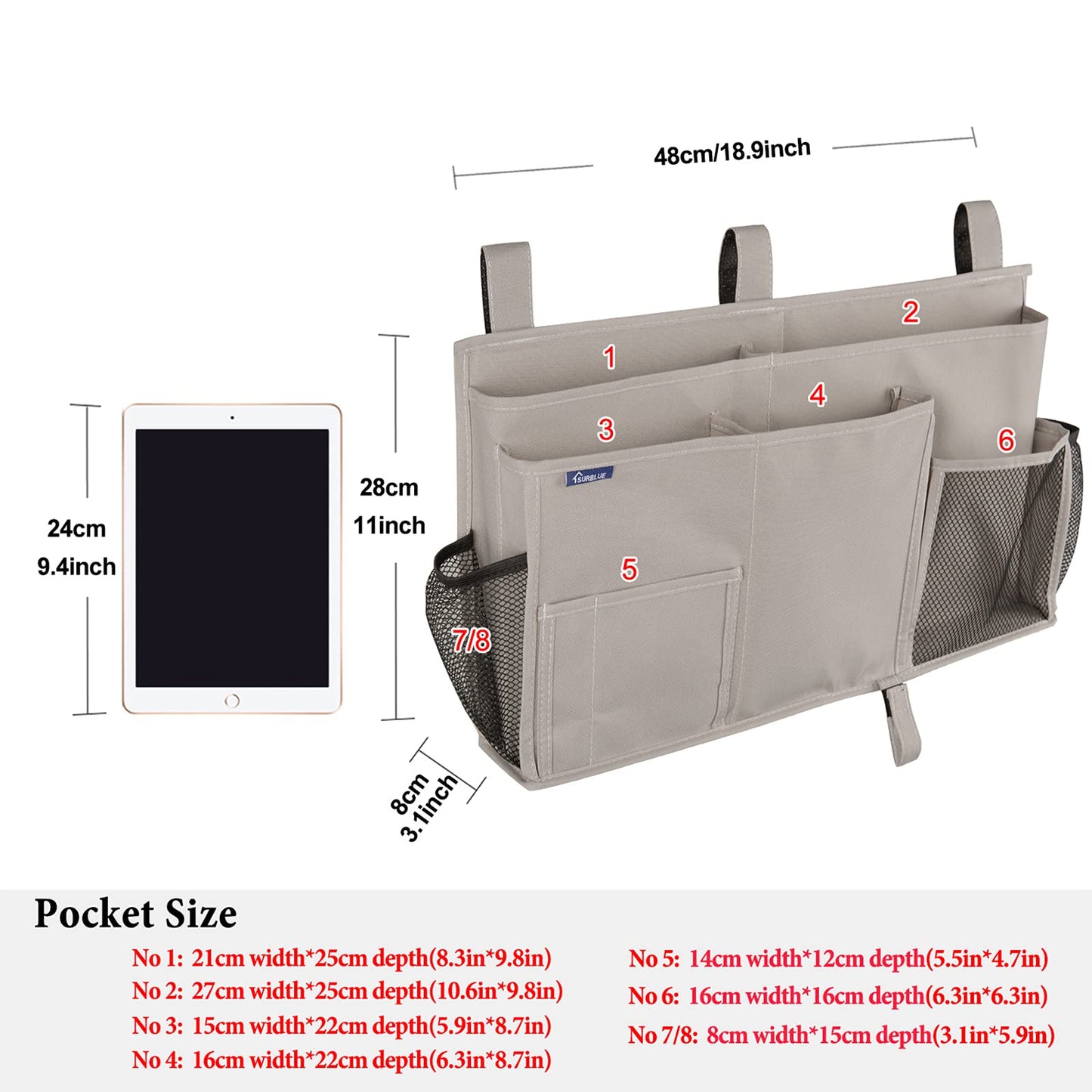 Surblue Bedside Caddy Hanging Bed Organizer Storage Bag Pocket for Bunk and Hospital Beds, College Dorm Rooms Baby Bed Rails,Camp (8 Pockets),Gray