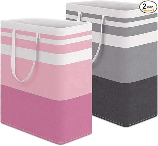 HomeHacks 2 Pack Large Laundry Baskets, Waterproof, Freestanding Laundry Hampers, Collapsible Clothes Hamper with Reinforced Handles in Laundry, College Dorm, Bathroom, Bedroom (Grey+Pink, 125Lx2)