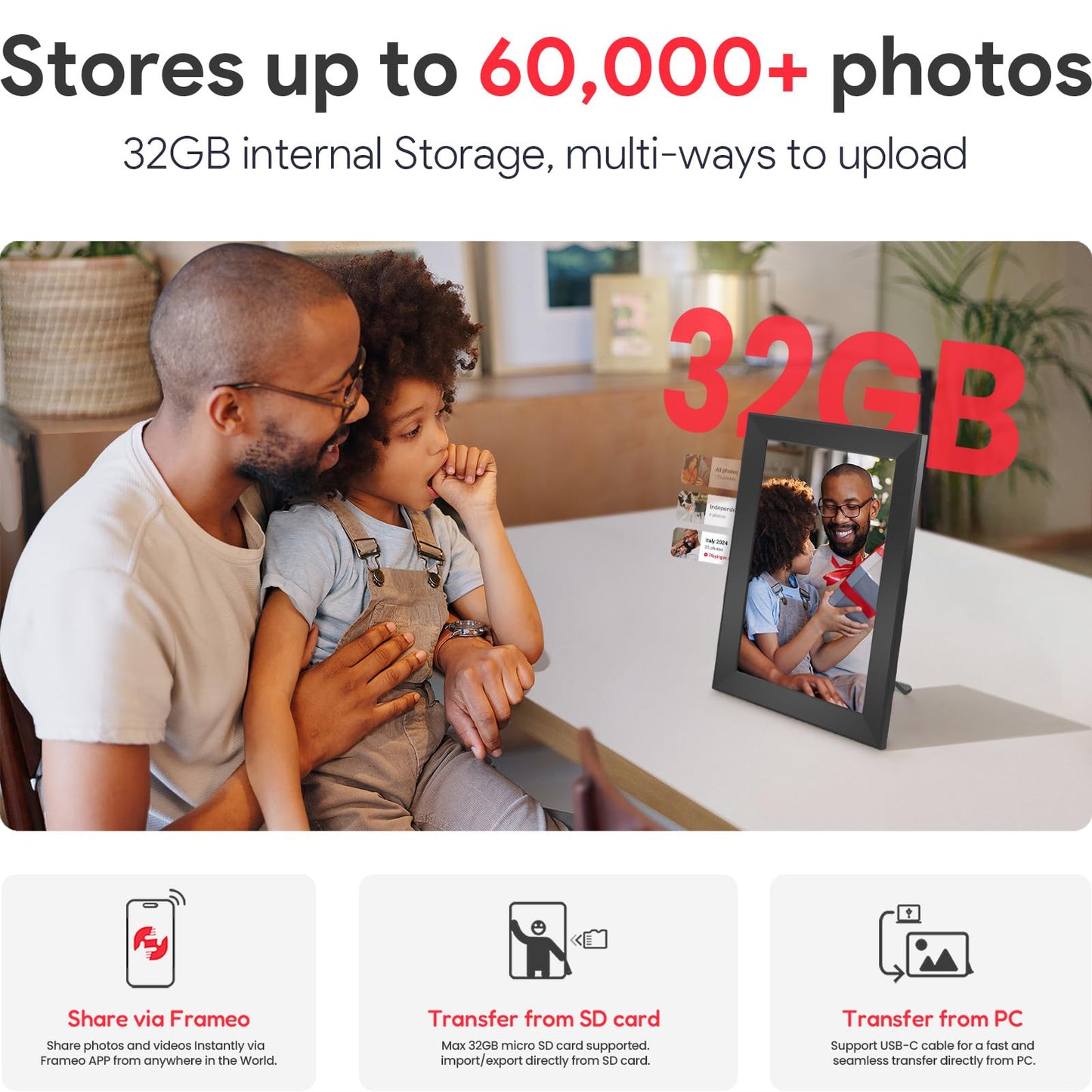 Skyrhyme 10.1 Inch Digital Picture Frame with 32GB Storage, Frameo WiFi Digital Photo Frame, 1280 * 800 IPS Touch Screen, Auto-Rotate Slideshow, Easy to Share Photo/Video via Free App