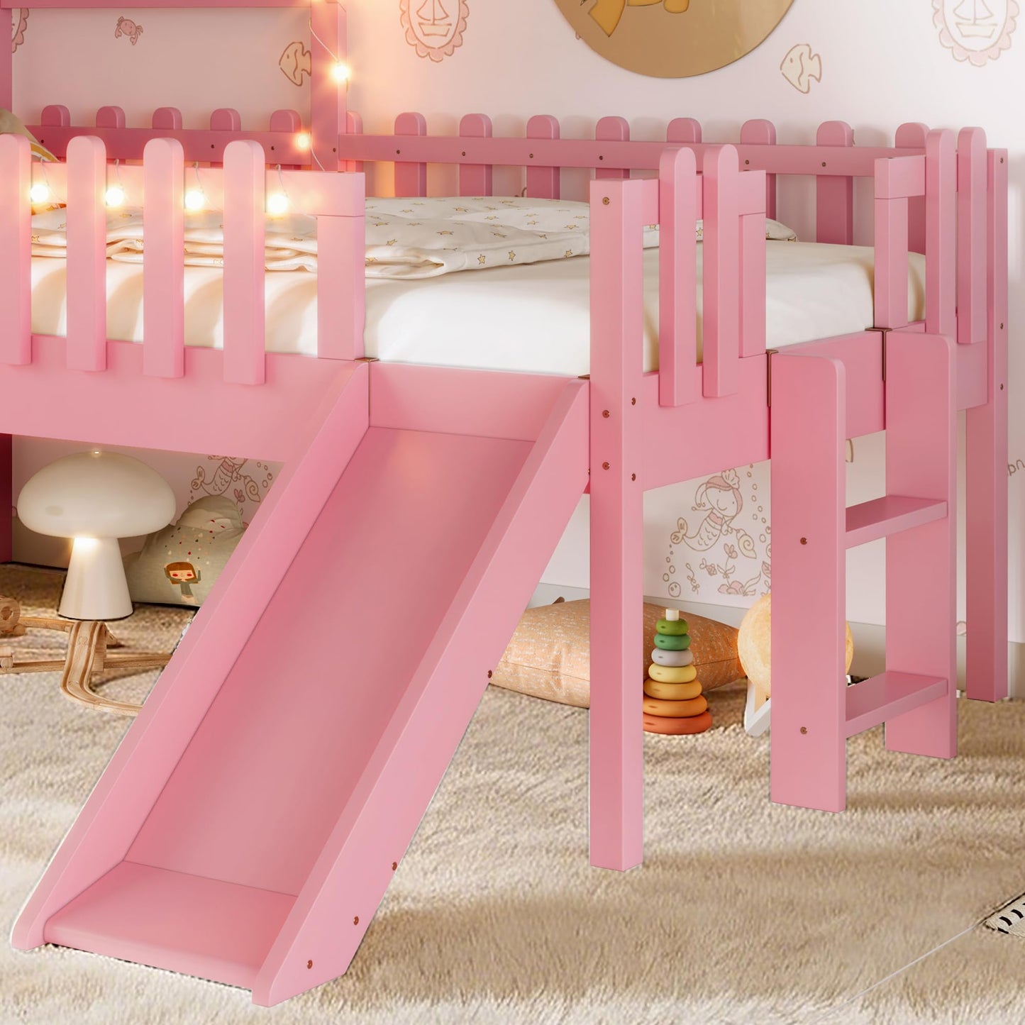 Bellemave Twin Loft Bed with Slide and Ladders, Solid Wood Low Loft Bed with Tray, Lights, Playhouse Roof, House Loftbed Frame for Kids, Boys, Girls, Childlike and No Box Spring Needed Design, Pink