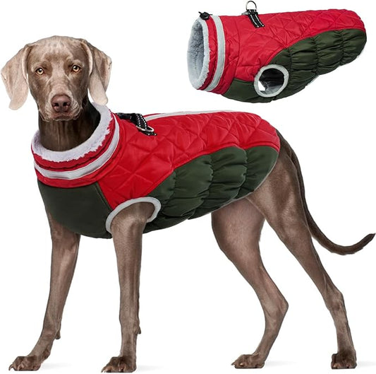 FUAMEY Dog Coat for Large Dogs,Waterproof Dog Winter Jacket with Harness Built in Puppy Cold Weather Coats Reflective Pet Vest with Zipper Warm Fleece Dogs Snowsuit Windproof Christmas L