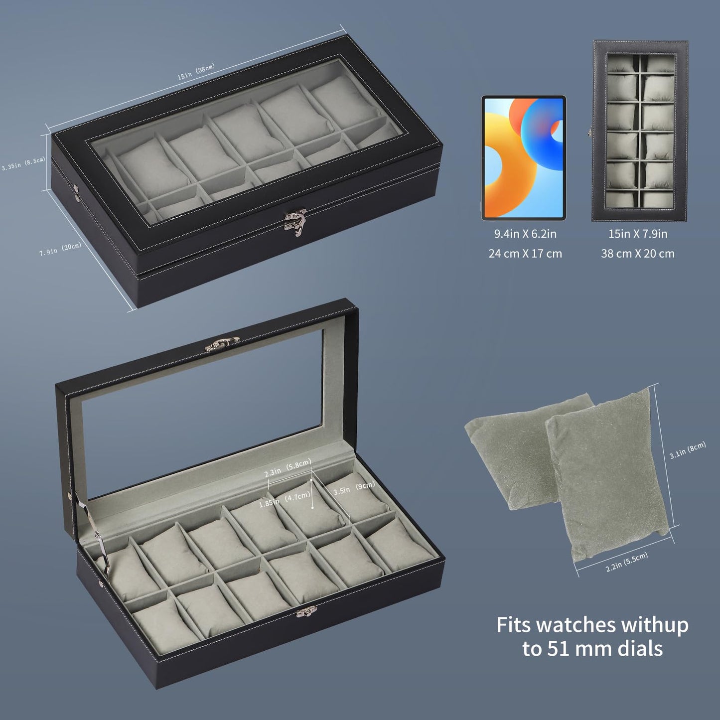 AUTOARK Leather & Velvet 12 Watch Box Glass Top Jewelry Display Lockable Case Organizer,Removable Watch Pillows,Black,MKAW107