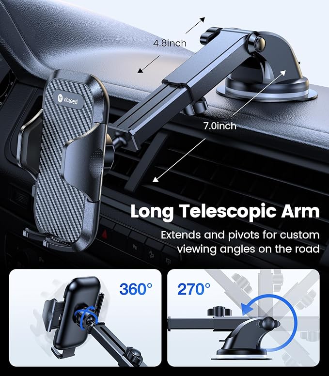 VICSEED True Military-Grade Shockproof Car Phone Holder [95LBS Vacuum-Locked Suction & Automotive-Grade] Cell Phone Mount Dashboard Windshield Vent Wall Truck Boat Cradle Stand for iPhone Android