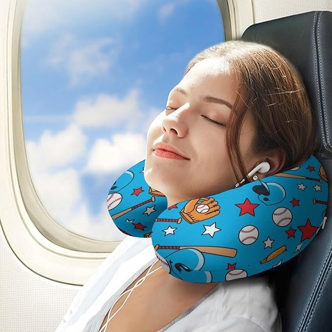 Stylish U Shaped Travel Neck Pillow Memory Foam Chin Support Baseball Sports, Breathable Washable Cover for Airplane Car Office Decor