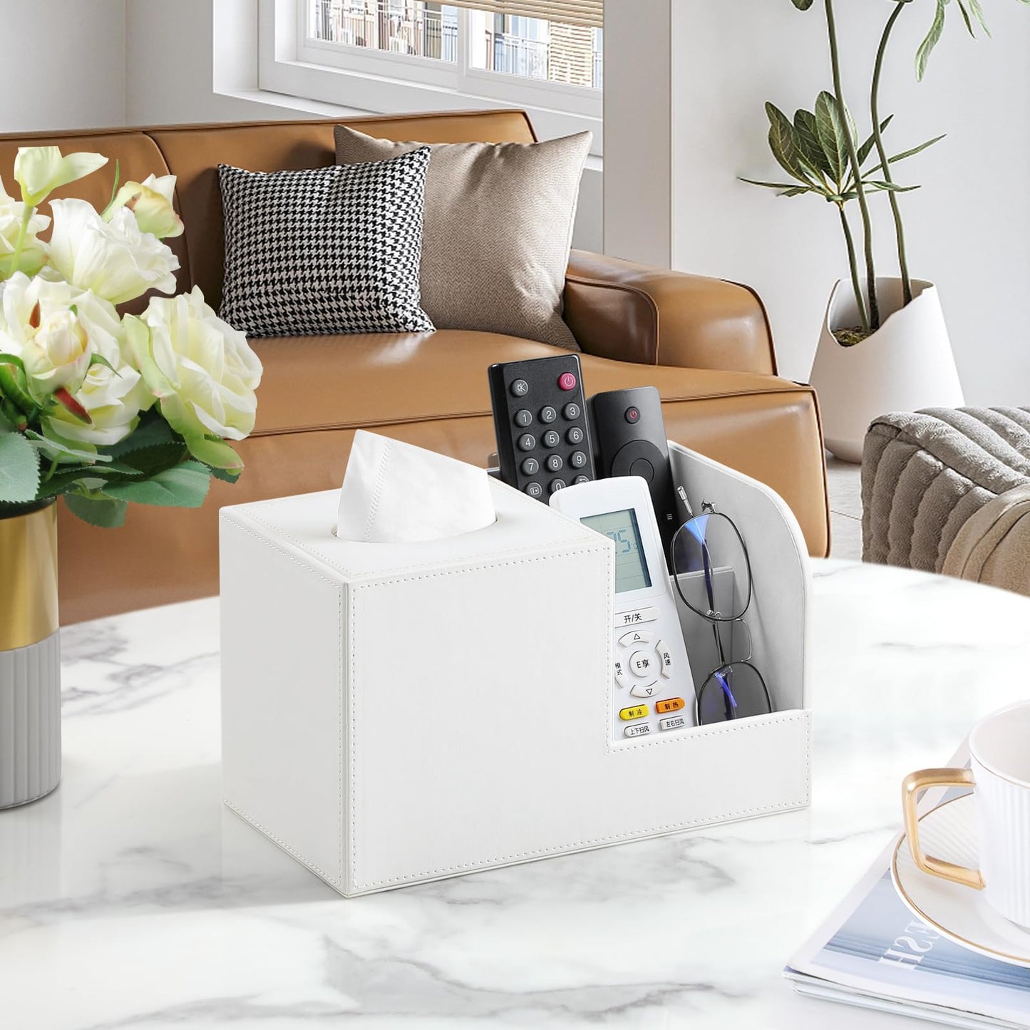 JLAMBOM PU Leather Tissue Box Cover with Remote Control Holder, Square Tissue Box Holder for Living Room Bathroom Office (Cream-White)