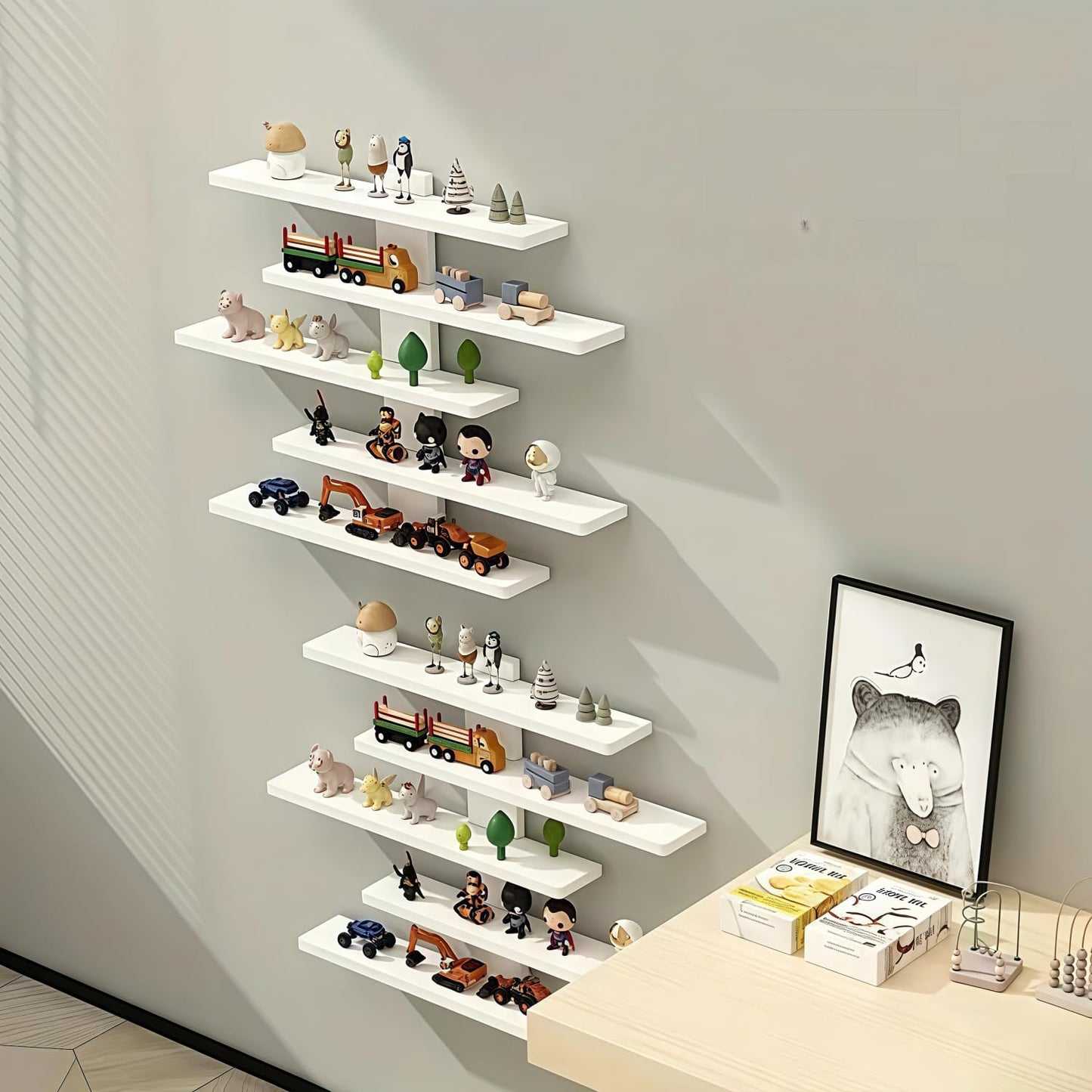 HUHUJIA 5-Tier Floating Wall Mounted Shelves, Wall Display Storage Shelf for Anime Figurines, Dolls, Plants & Statues, Decorative Organizer for Bedroom, Living Room, Study, Kids Room(White)