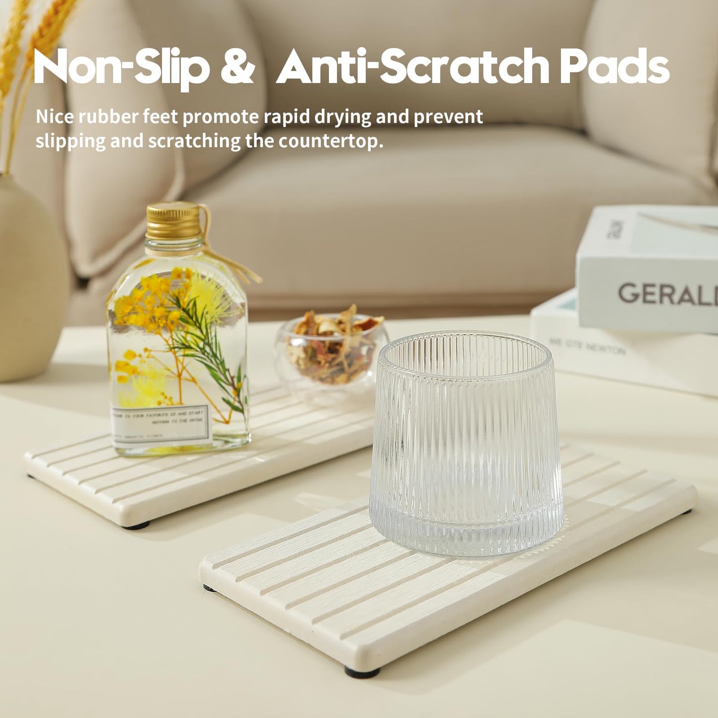 Razborci 2 Pack Greige Bathroom Sink Vanity Trays, Diatomite Stone Kitchen Counter Caddy Dish Soap Dispenser Sponge Holder, Water Absorbing Mat Organizer for Plant,Cosmetic Bottle, Beige, 8"x3.8"